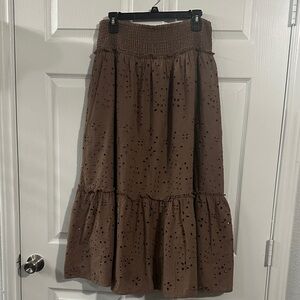 Jennifer & Grace Brown Eyelet tiered Maxi skirt Smocked waist BOHO Size Large.